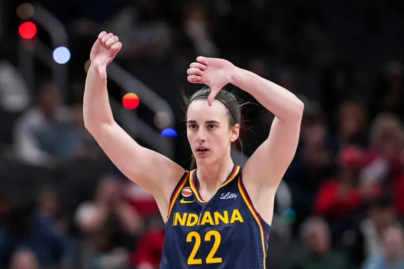 Indiana Fever guard Caitlin Clark (22) gestures down the court Saturday, May 2, 2026, during the first half of a preseason game at Gainbridge Fieldhouse in Indianapolis.