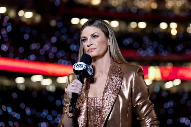 Feb 9, 2025; New Orleans, LA, USA; Fox Sports sideline reporter Erin Andrews during the Kansas City Chiefs game against the Philadelphia Eagles in Super Bowl LIX at Ceasars Superdome. Mandatory Credit: Mark J. Rebilas-Imagn Images