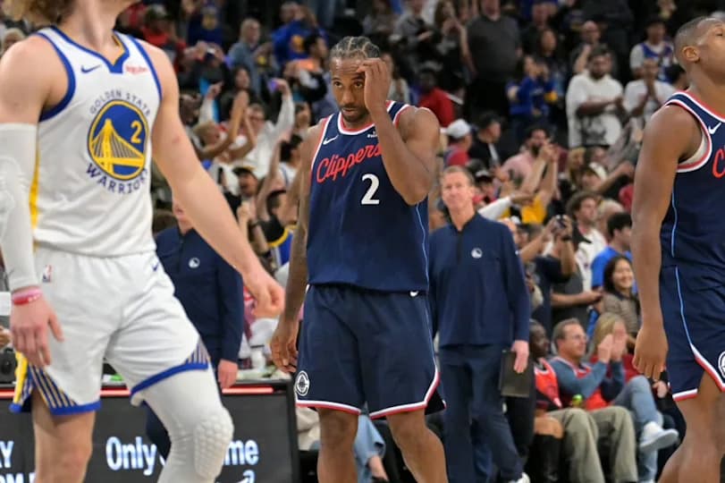 Los Angeles Clippers forward Kawhi Leonard (2) leaves the court after being defeated by the Golden State Warriors during the play-in rounds of the 2026 NBA Playoffs at Intuit Dome.
